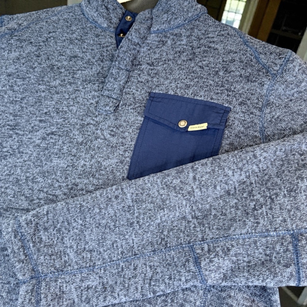 Woolrich Men's Blue Heathered Fleece Pullover Snap Neck Pocket‎ Size M